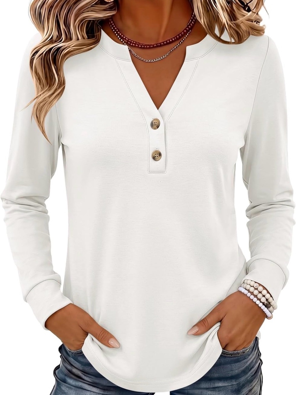 Women's Long Sleeve Henley Top - White